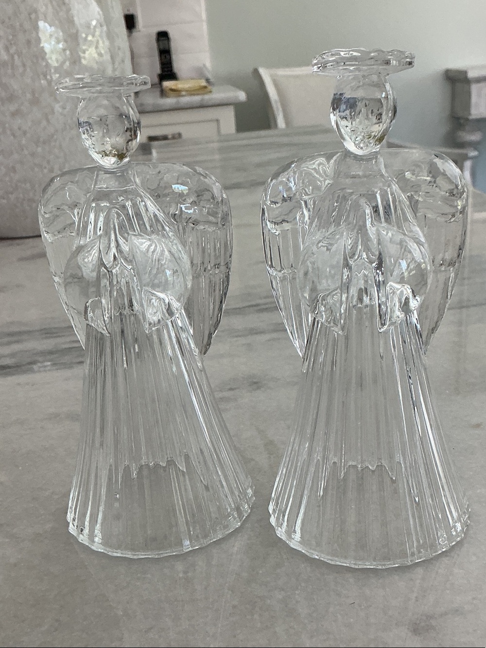 Clear Glass Angel Figurine Candle Holders - Pair